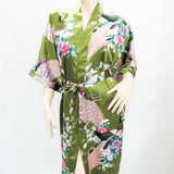 Women's Kimono Silk Satin Bath Wrap Robe - Peacock &amp; Blossom Design, Short