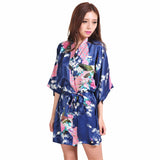Women's Kimono Silk Satin Bath Wrap Robe - Peacock &amp; Blossom Design, Short