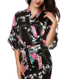 Women's Kimono Silk Satin Bath Wrap Robe - Peacock &amp; Blossom Design, Short
