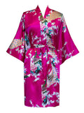 Women's Kimono Silk Satin Bath Wrap Robe - Peacock &amp; Blossom Design, Short