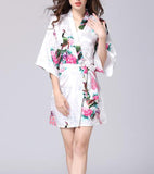 Women's Kimono Silk Satin Bath Wrap Robe - Peacock &amp; Blossom Design, Short