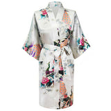 Women's Kimono Silk Satin Bath Wrap Robe - Peacock &amp; Blossom Design, Short