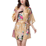 Women's Kimono Silk Satin Bath Wrap Robe - Peacock &amp; Blossom Design, Short