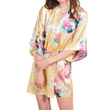 Women's Kimono Silk Satin Bath Wrap Robe - Peacock &amp; Blossom Design, Short