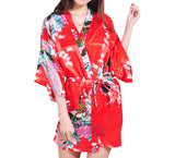 Women's Kimono Silk Satin Bath Wrap Robe - Peacock &amp; Blossom Design, Short