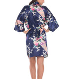 Women's Kimono Silk Satin Bath Wrap Robe - Peacock &amp; Blossom Design, Short