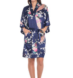 Women's Kimono Silk Satin Bath Wrap Robe - Peacock &amp; Blossom Design, Short