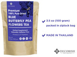 Decorish PREMIUM 100% Pure Blue Dried Butterfly Pea Flower Tea Organic Thai Herbal Non-Caffeine 100g (3.5 oz)